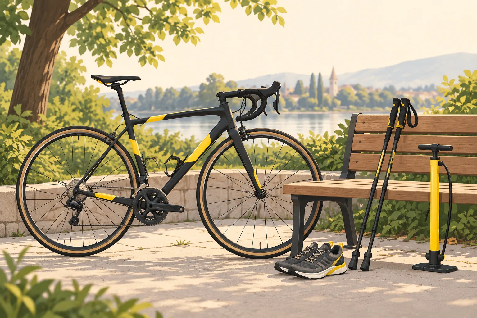 Illustration of a bicycle and floor pump beside outdoor activity gear