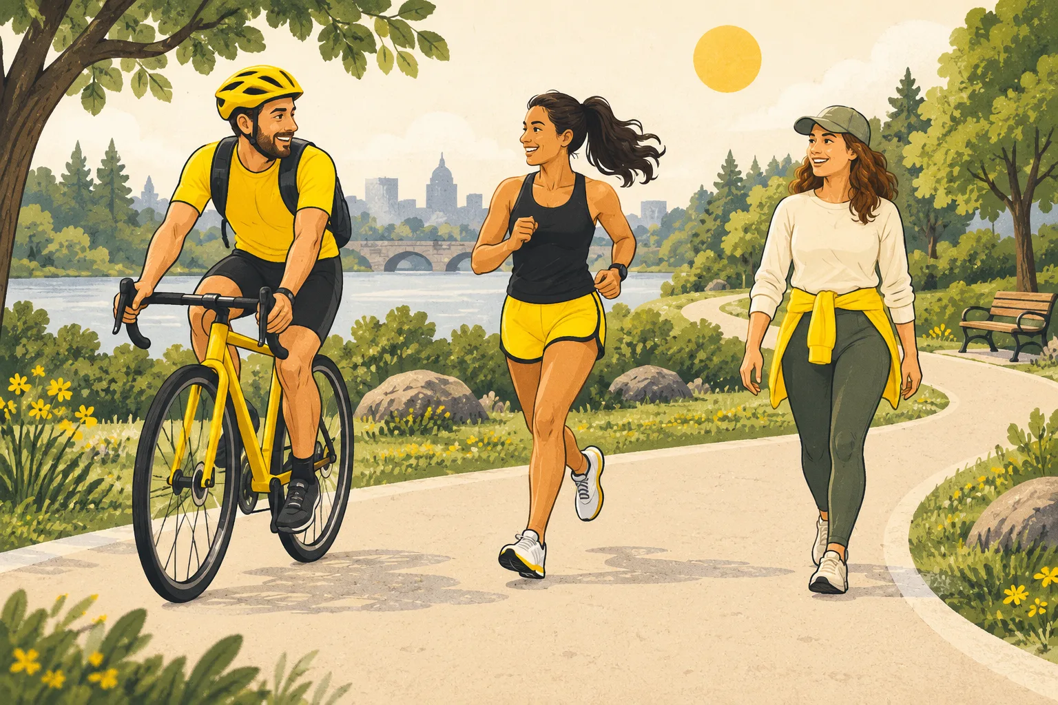 Illustration of friends cycling, running and walking in a park