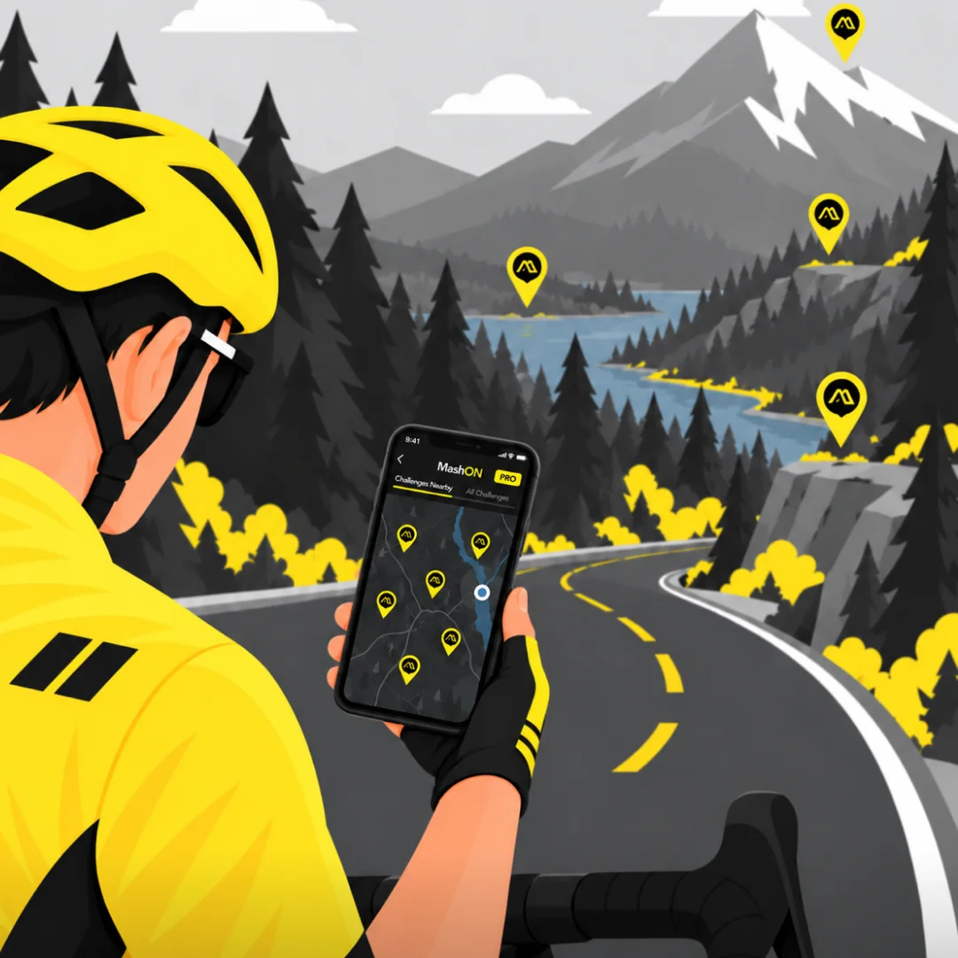 Un ciclista explorando marcadores de retos en las montañas