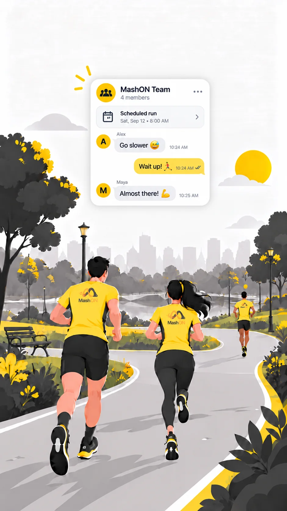 Corredores en un parque, con el calendario y el chat de un equipo